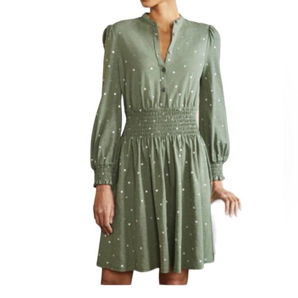 Boden Olive Green Shirt Dress Elastic Smocked Waist Long Sleeve Sz 16 - Picture 1 of 10